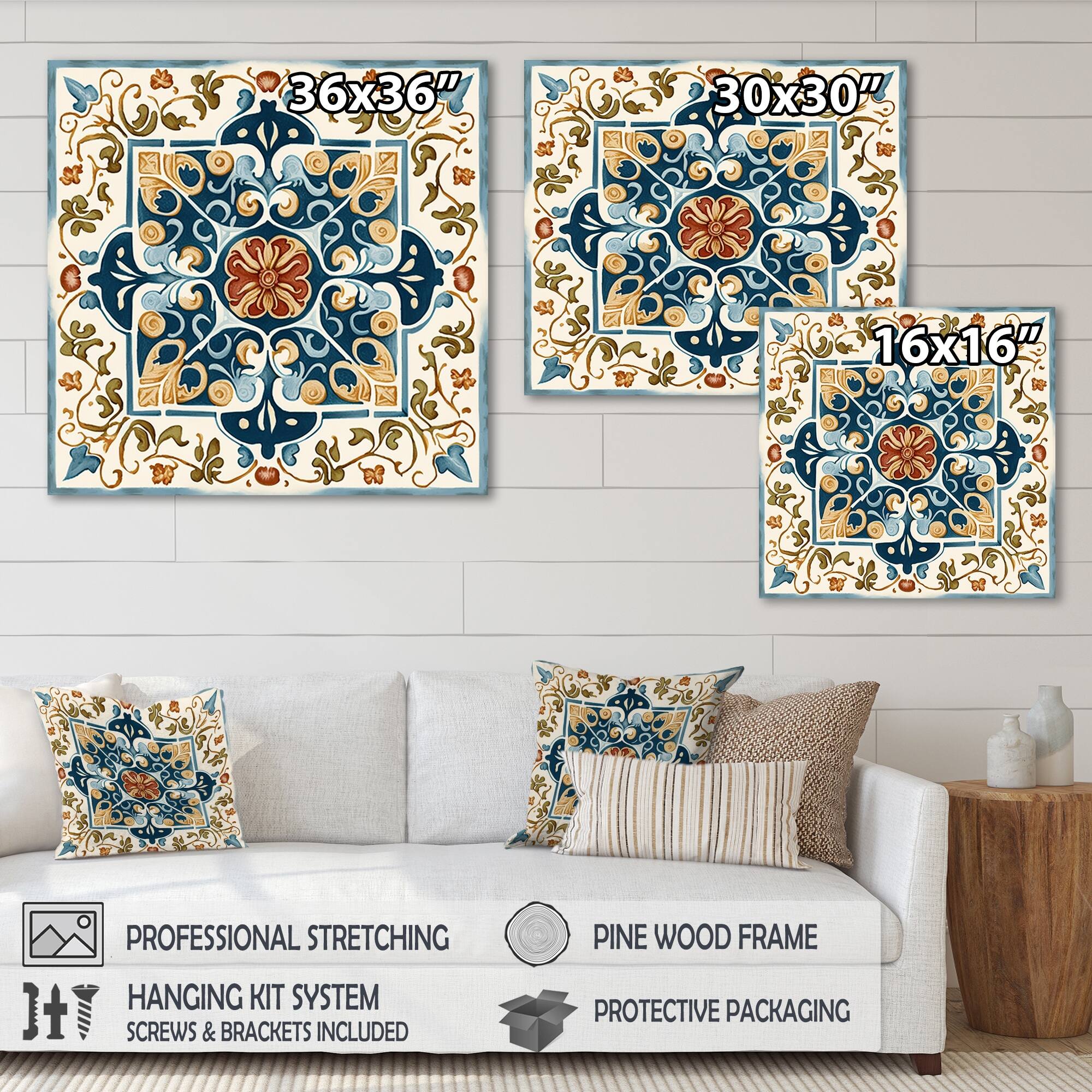 Designart "Mediterranean Tiles In Retro Blue VIII" Abstract Tile Canvas